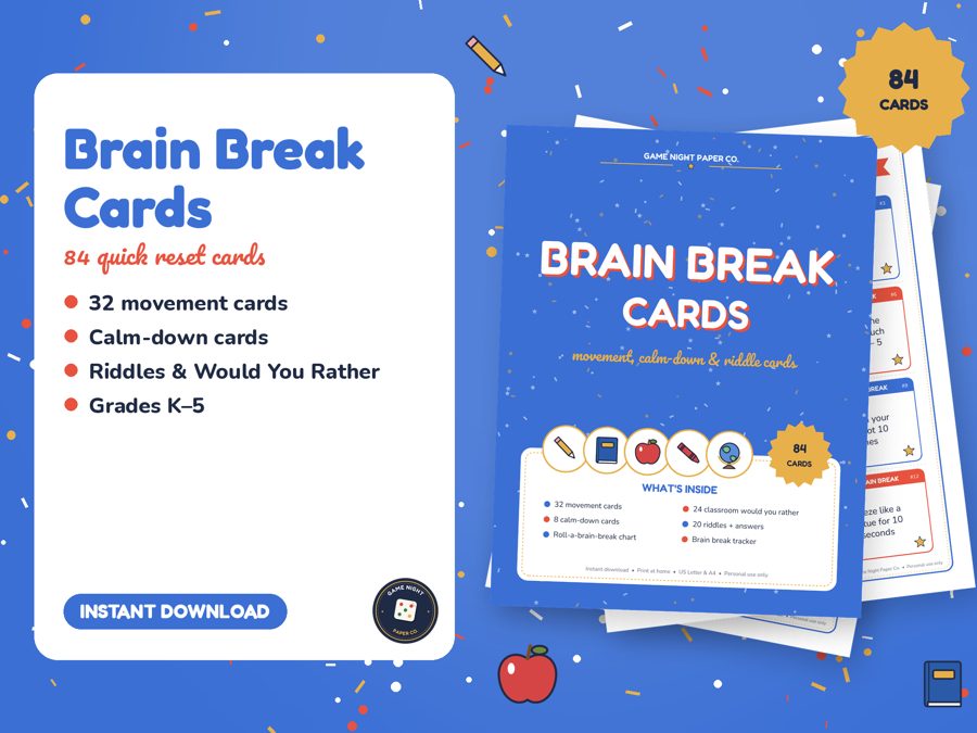 Classroom Brain Break Cards printable preview