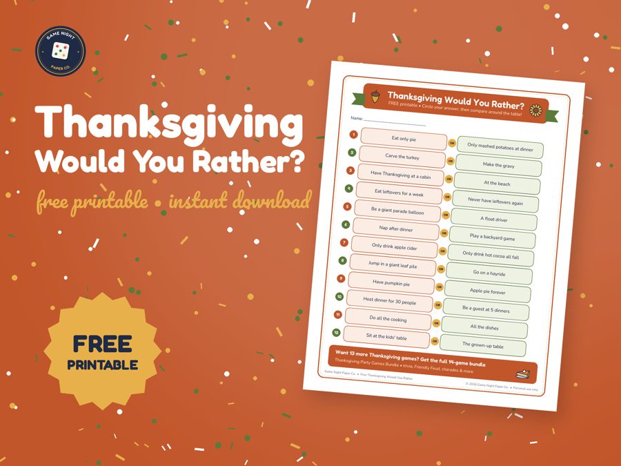Free Thanksgiving Would You Rather printable preview