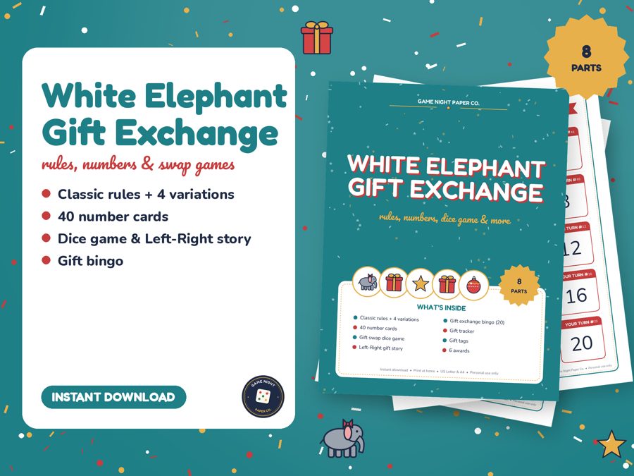 White Elephant Gift Exchange Kit printable preview